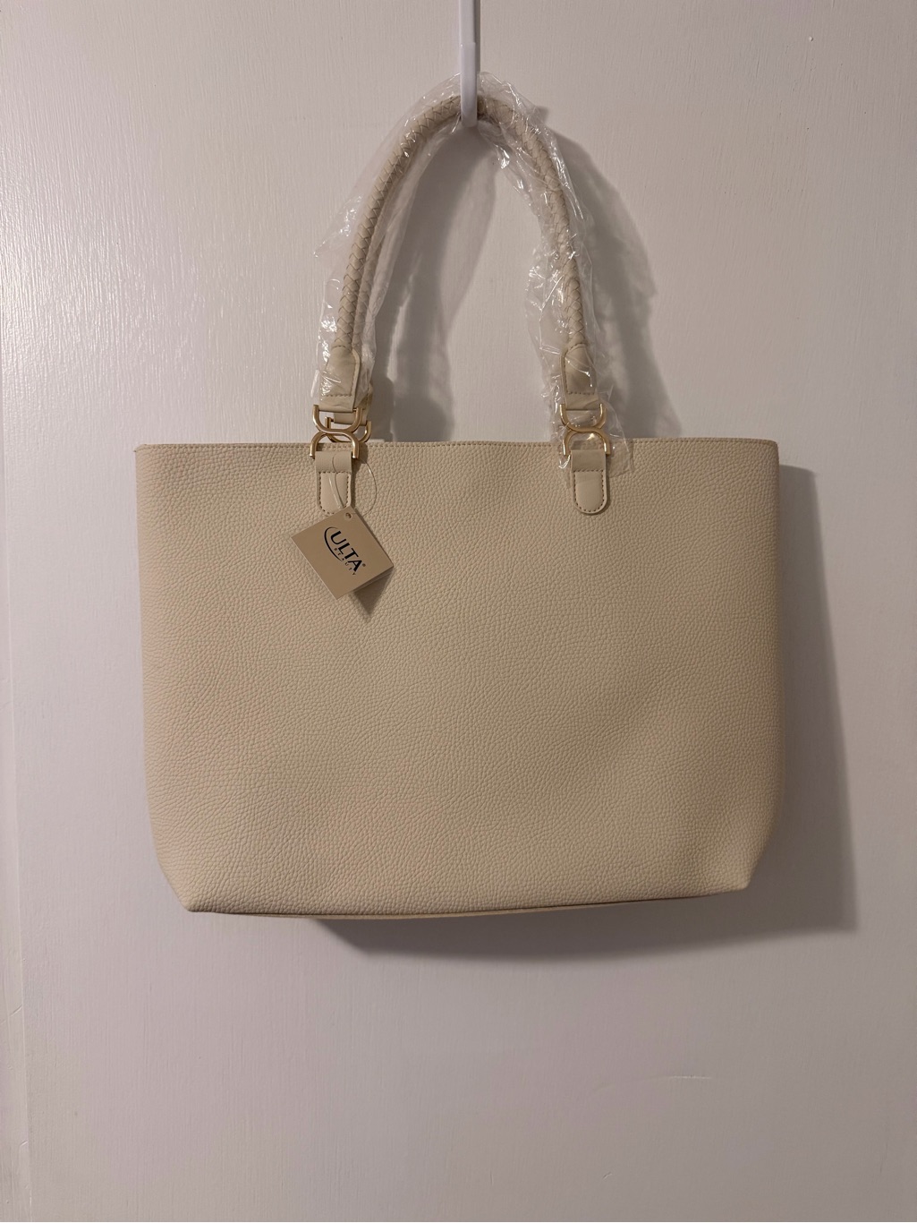 Ulta Beauty Beige Pebbled Tote With Gold Hardware